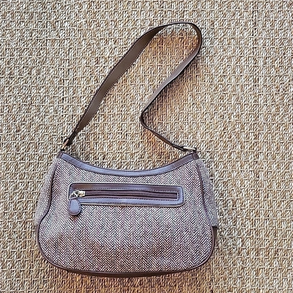 Liz CLAIBORNE brown cloth wool leather shoulder bag purse.  Excellent condition!